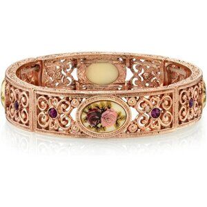1928 Rose Gold Flower Bracelet Vintage Victorian Rose Purple Crystal Stretch USA